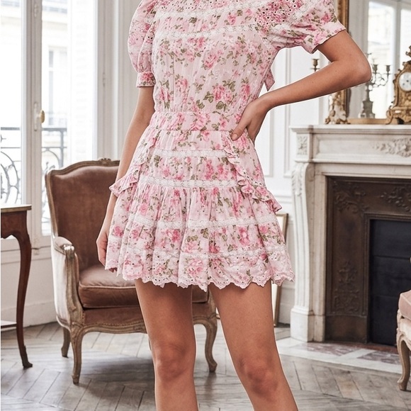 LoveShackFancy Augustine Pink Floral Cotton Eyelet Mini Dress - "Loves Me" Print - Picture 9 of 9